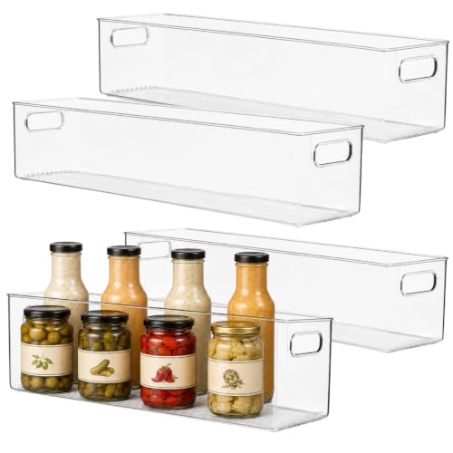 Plastic Food Storage 4 Pack Clear Container Bin with Handles for Organizing Kitchen (20x6x5)