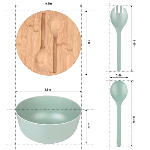 Bamboo Fiber Salad Bowl with Servers Set Large 9.8inches Nature Bamboo Mixing Bowl with Servers with Lid Spoon and Fork for Fruits