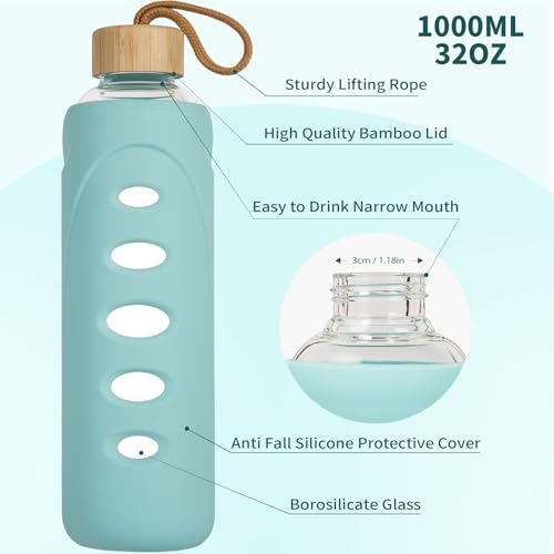 32 oz Narrow Mouth Glass Water Bottle with Windowed Silicone Sleeve (Cyan)