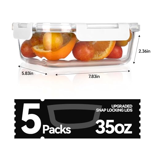 5 Pack 35 Oz Glass Food Storage Containers with Lids (White / 35oz 1-compartment)