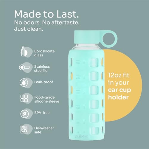 40oz / 32oz / 22oz / 12oz Borosilicate Glass Water Bottle with Time & Volume Markers, Silicone Sleeve, Stainless Steel Lid | Reusable Glass Bottle for Water & Juice (12oz Glow-in-the-Dark) (Glow-in-the-Dark (1 Count) / 12 Ounces)