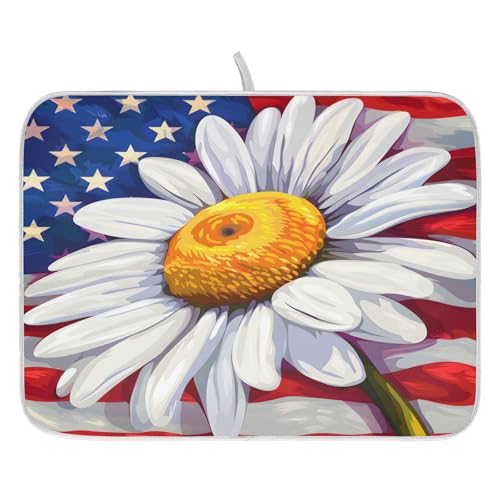 Daisy Flowers and American Flag Dish Drying Mat for Kitchen Ccounter Absorbent Microfiber Small Drying Pad Dish Mats for Kitchen Countertops 16 x 18 Inch (18" x 16")