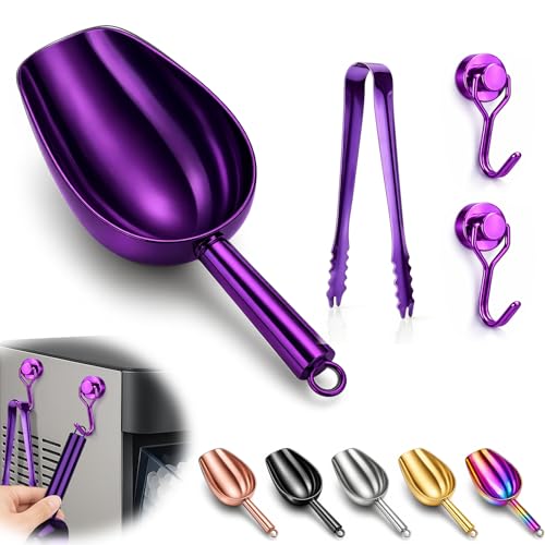 Stainless Steel Ice Scoop for Freezer with Magnetic Hook & Ice Tongs (6oz / Purplr)
