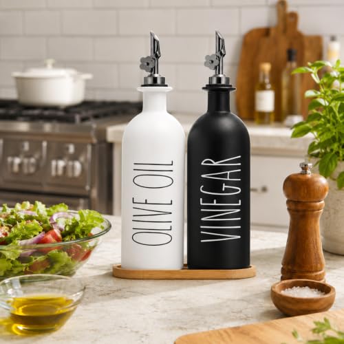 16oz Olive Oil Dispenser Bottles for Kitchen (Black&White+Tray / 16 fl oz)