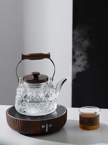 Stovetop Safe Glass Teapot with Malus Spectabilis Pattern Removable Infuser Fine Borosilicate Tea Pot perfect for Fruit Flowering Tea Canister Premium Quality Tea Kettle Gift (Transparent / 1000ml)