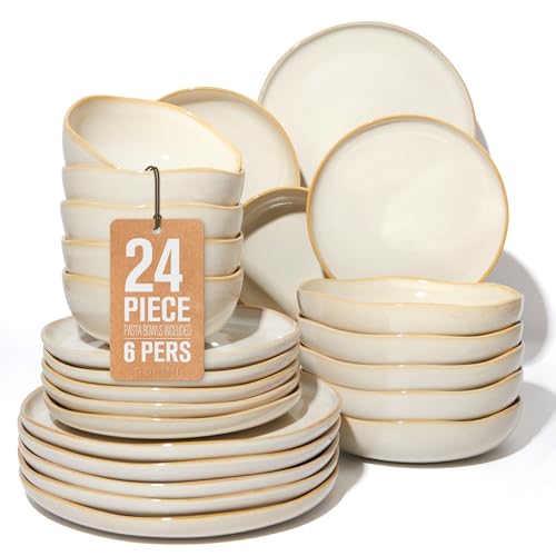 24 Pieces Dinnerware Set for 6 with Pasta Bowls (Yellow White / Set (24pcs-6))