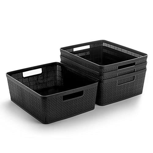 Woven Plastic Basket (Black / 4PK- M)
