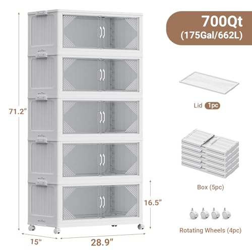 V60 700QT Plastic Stackable Storage Bins with Lid (White / 140QT-5Pack)
