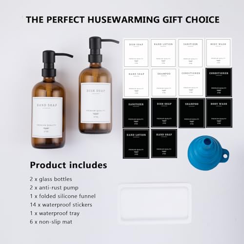 Thick Glass Soap Dispenser (Amber Bottle/Black Pump + Tray + Funnel)