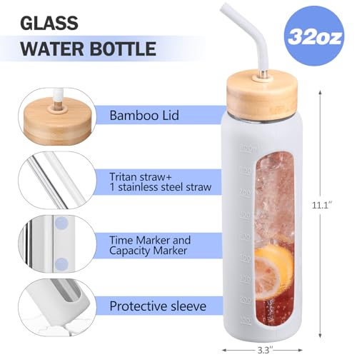 32oz Glass Water Bottle with Straw and 2 Lids (White / 32 Ounces)