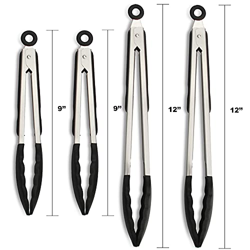 4 Pack Black Silicone Kitchen Tongs Set (Black)