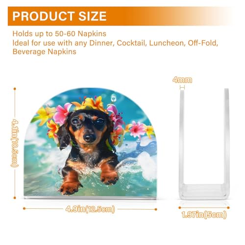 Cute Dachshund Puppy Surfing Napkin Holder for Table Paper Napkins Holder Acrylic Tissue Dispenser Kitchen Dining Room Bathroom Party Car Decor (NH073 / 4.1x4.9x1.97in)