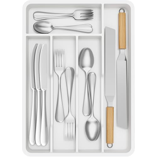 Silverware Drawer Organizer Tray (White / 9.5 x 13.4 inch (5 Slots))