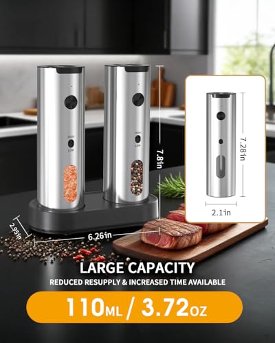 Rechargeable Electric Salt and Pepper Grinder Set (2-Speed Silver)