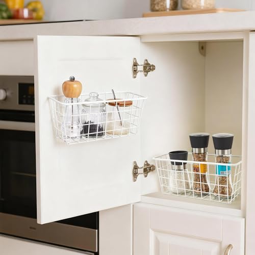 2 Set LeleCAT Hanging Wall Basket Organizer Over the Cabinet Door Adhesive Wire Baskets for Organizing Kitchen Food Pantry Bathroom Shelf Storage No Drilling Wall Mounted (2 Count)