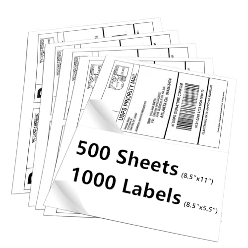 8.5" x 5.5" Half Sheet Self Adhesive Shipping Labels for Laser & Inkjet Printers (8-1/2"×5-1/2" (2-UP) / 500 Sheets)