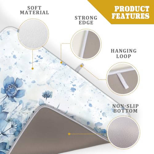 Blue Floral Dish Drying Mat for Kitchen Counter Watercolor Leaves Dishes Drainer Rack Mat Absorbent Microfiber Dish Draining Pad 18x24 Inch (Watercolor Blue Floral / 24" x 18")