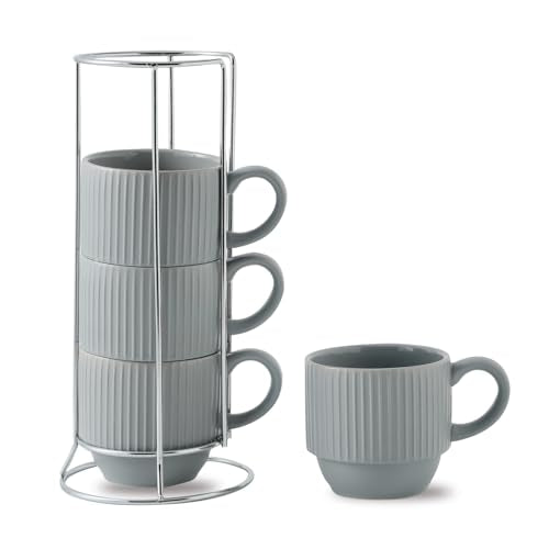 Stackable Coffee Mugs With Stand (Gray / 12 Ounces)