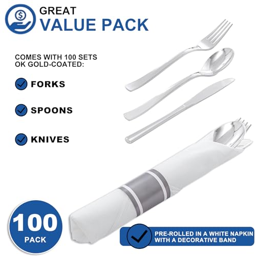 400PCS Pre Rolled Silver Plastic Silverware Sets (Silver - Classic)