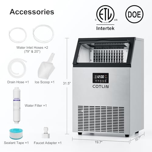200Lbs 24H Commercial Ice Maker Machine 60 Ice (Silver / 16"D x 20"W x 32"H)