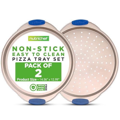 13-Inch Non-Stick Pizza Tray with Silicone Handle - Perforated Round Steel Pan, Dishwasher Safe - 2 Pack - Champagne Gold (Champagne Gold / 2 Pack)