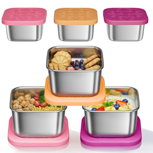 3 Pack 6oz Stainless Steel Snack Containers and 3 Pack 2oz Salad Dressing To Go Containers with Silicone Lids (Berry Sweet)