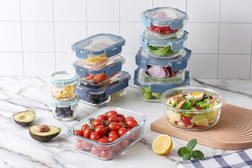 Premium 32 Pc. Borosilicate Glass Food Container Set with Dividers (Ombre Blue)