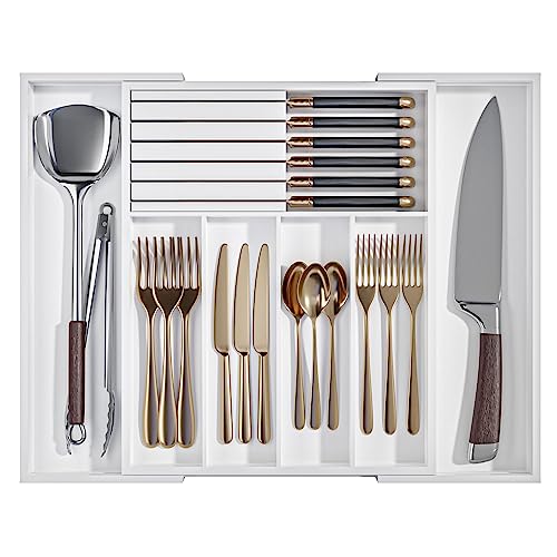 Silverware Drawer Organizer Bamboo Knife Organizer Drawer Insert Expandable Utensil Holder for Kitchen Drawer Flatware Holder W12.8 (White)