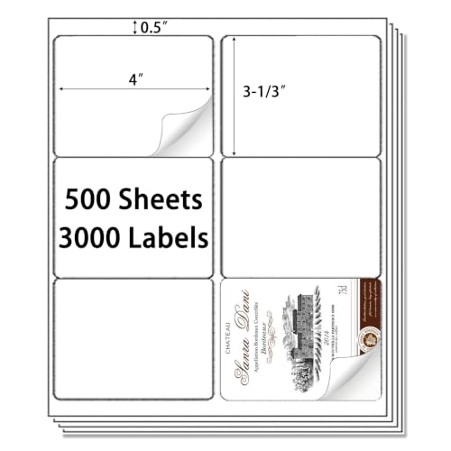 6 up 3-1/3" x 4" Sticker Labels Shipping Address Labels for Laser/Inkjet Printer, 500 Sheets, Total 3000 Labels (3-1/3" x 4" (6-UP) / 500 Sheets)