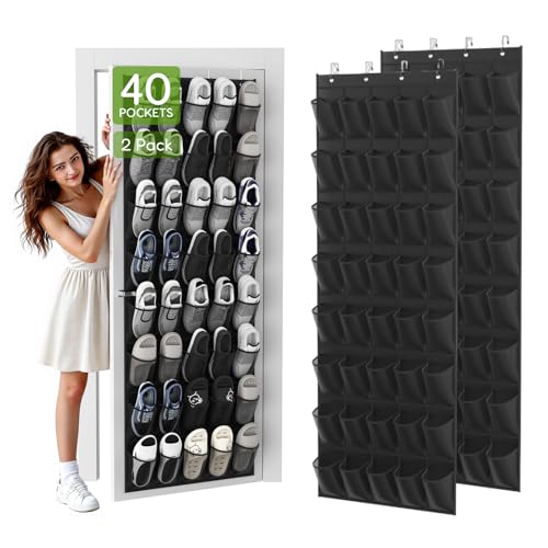 Over the Door Shoe Organizer with 40 Large Breathable Mesh Pockets (Black / 80 Pockets)