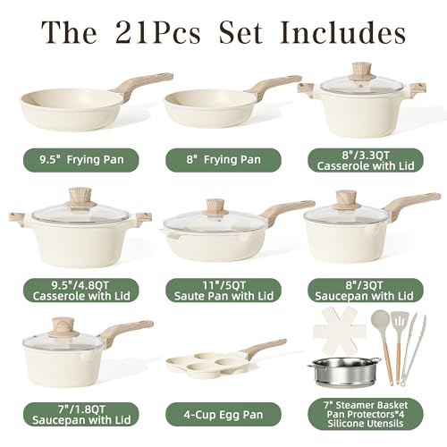 Kitchen Cookware Sets Pots and Pans Set Non Stick 21 Pcs (Cream White / 21 Piece Egg Pan Set)