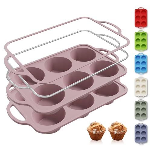 2 Packs 6 Cups Silicone Muffin Pan with Metal Reinforced Frame Jumbo Size Cupcake Pan Tray Egg Bites Silicone Circle Cookie Molds Muffin Tin Tart Pans Baking Sheet Set for Breakfast Sandwiches (Jumbo / Morandi Pink)
