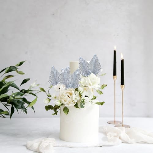 6Pcs Paper Palm Fan Cake Topper Palm Leaf Fan Cake Pick for DIY Bakeware Craft Project Home Made Wedding Bridal Shower Birthday Anniversary Party Cake Decorations Supplies Metallic Silver (6 Count)