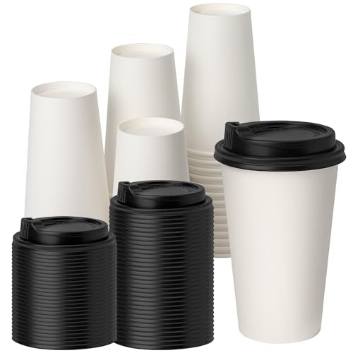 16 oz Disposable Coffee Cups with Lids 100 Pack (White / 16 oz)