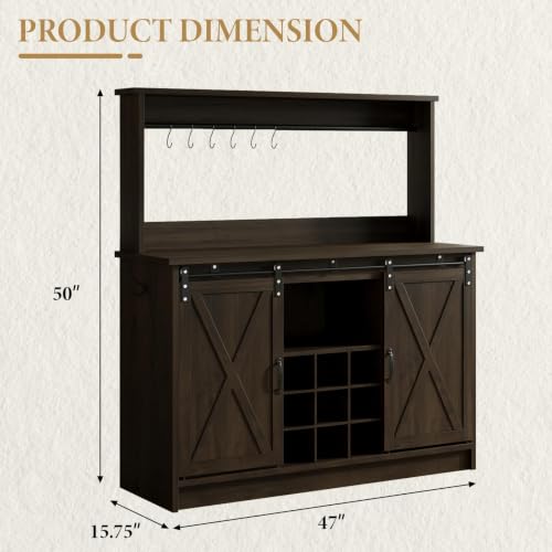 47" Farmhouse Coffee Bar Cabinet with Storage Hutch (47Inch / Dark Oak)