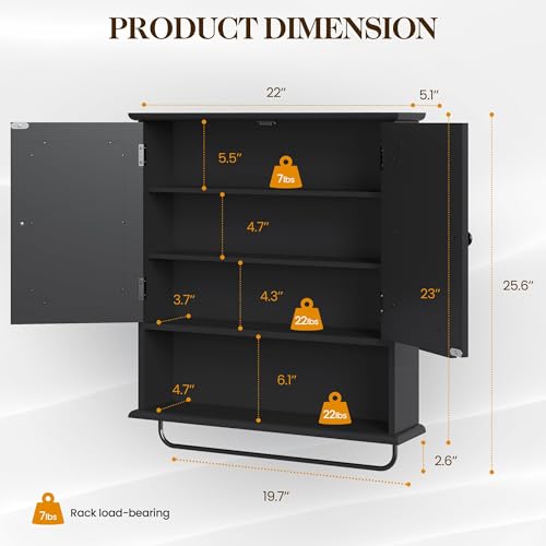 22x25 Bathroom Medicine Cabinet with Mirror (Black / 5.1"D x 22"W x 25.6"H)
