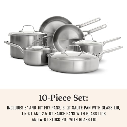 Brushed 3 Ply Stainless Steel Cookware Set w (10-Piece Set)