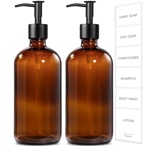 Amber Glass Soap Dispenser (Amber Bottle + Black Long Pump / 2 Pack)