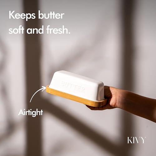 Ceramic butter dish with airtight lid that keeps butter soft (Ceramic - Bamboo)
