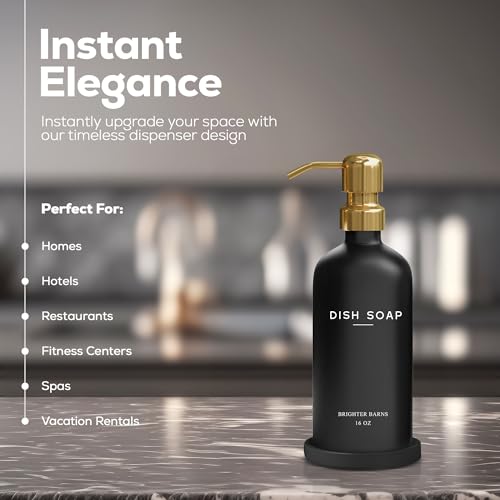 Luxury Glass Dish Soap Dispenser for Kitchen Sink by Brighter Barns (Black Gold D)