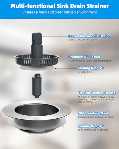 Upgraded 3 in 1 Kitchen Sink Drain Strainer and Stopper Combo (Stainless Steel with 1 Strainer)