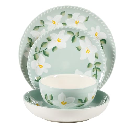Magnolia Bloom 16 Piece Double Bowl Hand Painted Stoneware Plates and Bowls Floral Dinnerware Set (Magnolia Blom / Service for Four (16pcs))
