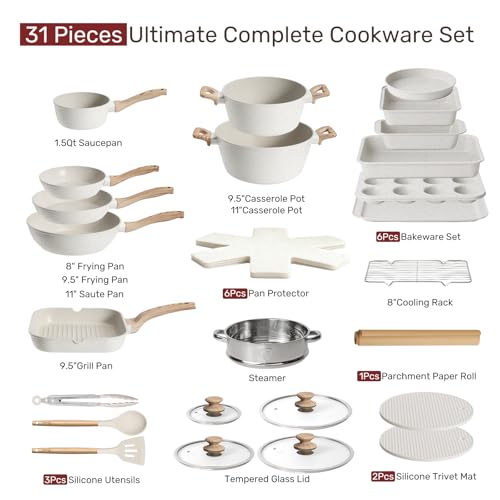 31 Piece Pots and Pans Set Non Stick Kitchen Cookware Sets (Cream White / 31 Pieces)