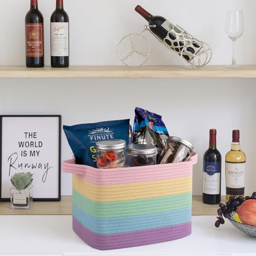 Cotton Rope Storage Baskets for Organizing Rainbow Pastel 3 (Rainbow Pastel / 3 pcs-13”x9.9”x8.7”)