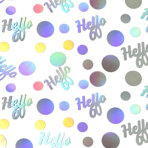 Hello 60 Birthday Confetti for Table Iridescent 60th Birthday Party Decorations for Women Sixty Years Old Happy Birthday Tables Scatter Circle Dots Party Confetti Anniversary Decor 300PC (230 Count)