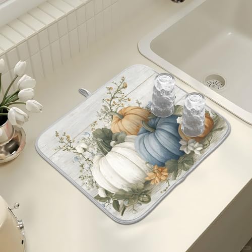 Fall Blue Orange Grey Pumpkin Thanksgiving Dish Drying Mat for Kitchen Counter Absorbent Microfiber Large Drying Pad Dish Mats for Kitchen Countertops 18 x 24 Inch (24" x 18")