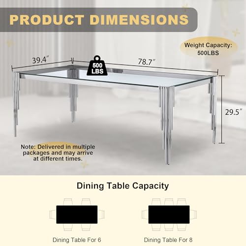 78'' Modern Glass Dining Table for 6 (Silver-clear / Rectangle-78.74" L x 39.37" W x 29.53" H)