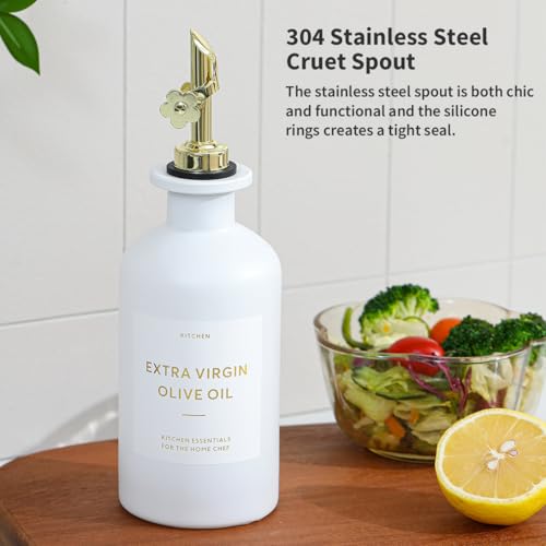 Olive Oil Dispenser for Kitchen (12oz-White&Gold Spout+Tray / 11.8 fl oz)