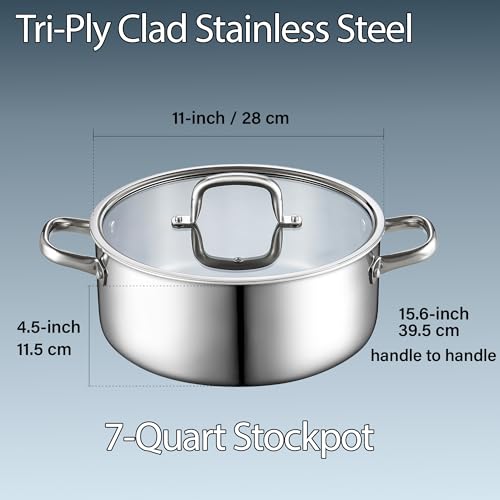 7 Quart Tri Ply Clad Stainless Steel Stockpot with Glass Lid (7 Quarts / Silver)