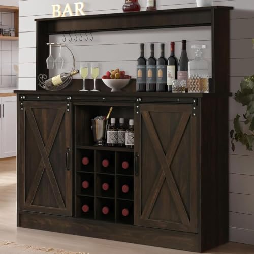 47" Coffee Bar Cabinet with Storage Hutch & Wine Rack (47Inch / Oak)